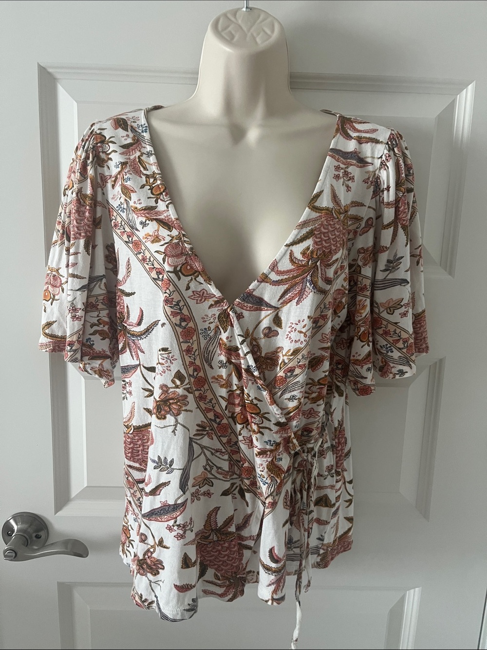 Lucky Brand White Wrap Blouse with Rust and Mauve Floral Print